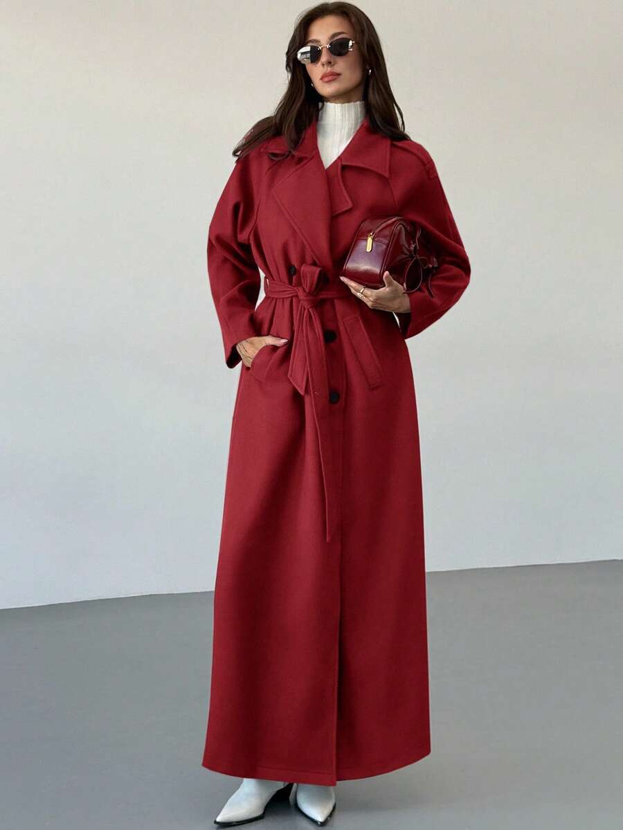 Aloruh Women's Solid Color Raglan Sleeve Belted Casual Jacket, Autumn/Winter - Red - View 1