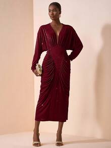 Zivah 2025 Autumn New Arrival Music Festival, Easter, St. Patrick's Day, Western, Nomadic, Birthday Party, Graduation, College Style, Student, Daily Casual, Basic Versatile, Leisure, Cruise Travel, Beach, Sunbathing, Viral , Streetwear, Wedding Guest Boho, Commute, Brunch, Airport, Long Sleeve V-Neck Ruched Waist Maxi Dress, Textured Glossy Fabric, Brown - Burgundy - View 5