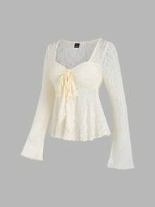 Sweetra Women's Y2K Bowknot Textured Flare Sleeve Top - Apricot - View 4