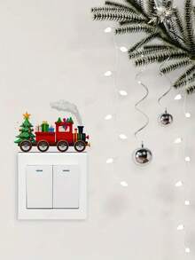 Joivida 1 pieza Pegatina de pared de tren y árbol de Navidad con patrón de hojas moderno - Pegatina autoadhesiva de plástico para interruptor, calcomanía de pared de PVC desprendible y resistente al agua para dormitorio, sala de estar, baño - Decoración de uso único con forma rectangular mate - Multicolor - Ver 3