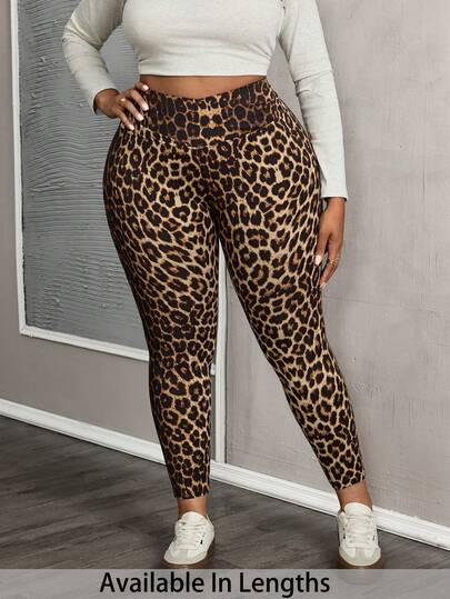 SHEIN PETITE CURVE Plus Size Women's Leopard Print V-Waist Fashion Leggings Cheetah Pants Leopard Print Plus Size Cheetah Print Bottoms Leopard Pants Animal Print Plus Size