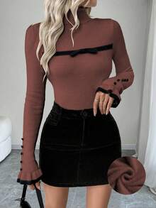 SHEIN LUNE Sweater Rajut Lengan Panjang Wanita Model Turtleneck dengan Kancing dan Rumbai, Dilengkapi Pita dan Lapisan Termal yang Pas di Badan - Coffee Brown - View 6