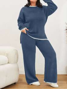 EURMUSE Color Block Edged Long Sleeve Sweater And Knitted Pants Two Pieces Set - Cadet Blue - View 4