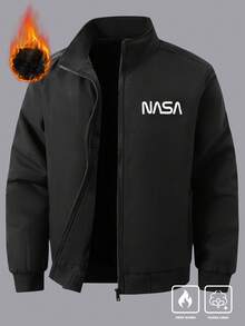 Manfinity Homme 男士加大码保暖长袖休闲字母印花拉链保暖冬装外套 - 黑色 - 查看 1