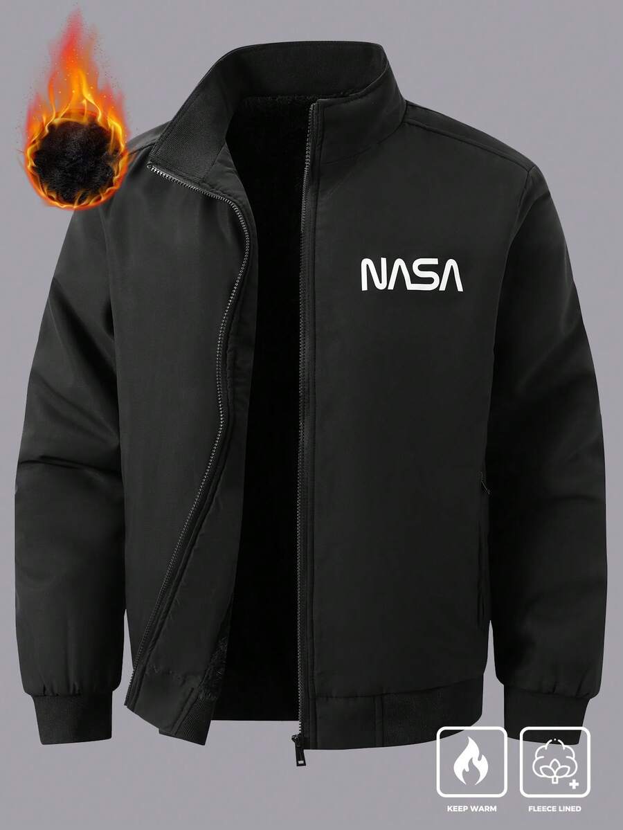 Manfinity Homme 男士加大码保暖长袖休闲字母印花拉链保暖冬装外套 - 黑色 - 查看 1