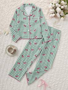 女学生睡衣套装，可爱蝴蝶格子印花长裤和开衫，长袖休闲两件套家居服，适合青少年女孩 - 彩色 - 查看 5