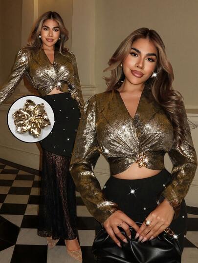 Xyvia 25+ Women's Metallic V-Neck Puff Sleeve Waist Cinched A-Line Twist Coated Blouse, Luxurious Sexy Elegant Office Wear, Autumn/Winter