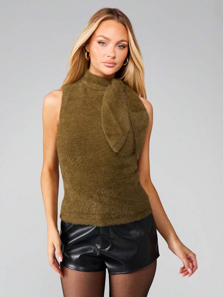 MISSGUIDED Flauschiges gestricktes Trägershirt mit Schal-Ausschnittdetail, Herbst-Winter Layering Grundlage