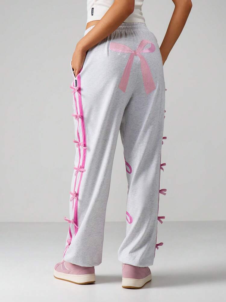 Missguided x Playboy Bow Detail Side Lace Up Cuffed Joggers For Women Logo Drawstring Sweatpants Loungewear