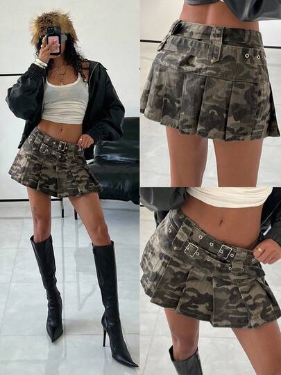 StreetHx 女士夏季时尚迷彩褶饰腰带迷你牛仔裙