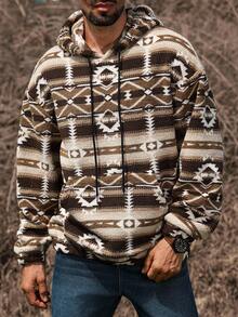 Manfinity Nomadique Men's Fall Winter Geo Pattern Drawstring Hoodie Graphic Sherpa Hoodie Mens Sherpa Hoodie Brown Sherpa Hoodie Sherpa Hoodie Men Boho Outdoor Music Festival, Boyfriend/Husband Gift, Anniversary Gift