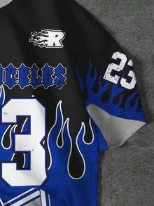 Y2K Style 23 Blue Flame Graphic Casual Sports Short Sleeve Crew Neck T-Shirt, Suitable For Summer - Multicolor - View 4