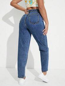 SHEIN ICON Jeans casuales con botones delanteros y bolsillos, para uso diario/regular de mujer - Azul lavado oscuro - Ver 6