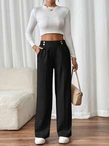SHEIN Frenchy 1pc Women's Straight Leg Double-Buckle Elegant Office Wear Pants Winter Black Casual Spring