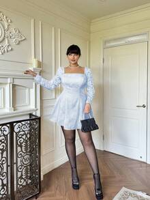 Flirla 大码蕾丝吊带连衣裙，秋冬 - 淺藍色 - 查看 1