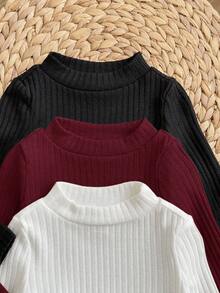 3pcs/Set Babygirl Solid Color Elastic Long Sleeve Knit Base Layer Top, Suitable For Indoor, Outdoor Skiing, Daily Wear, Sports, Play, Party, Photography, Christmas Season, Autumn/Winter - Multicolor - View 3