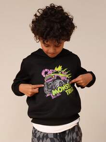 SUMWON Oversized Boys Monster Truck Graphic Hoodie Without Drawstring Hood Long Sleeve Casual Streetwear - Black - View 5