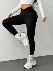 SHEIN PETITE Bộ đồ hai mảnh quần legging cạp cao đơn giản, màu trơn dành cho nữ - màu đen - Xem 8