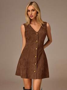 SHEIN Forever 21 Women's Solid Color V-Neck Single-Breasted Casual Sleeveless Mini Dress - Rust Brown - View 5