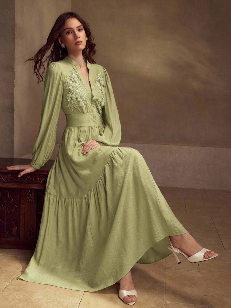 WOMEN'S EMBROIDERED APPLIQUES NOTCH NECK LONG DRESS