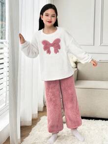 SHEIN 女童宽松毛绒圆领长袖蝴蝶结刺绣运动衫和卷边裤睡衣套装，粉色，秋冬 - 淺粉色 - 查看 5