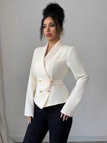 Elenzga Damen elegante asymmetrische Saum figurbetonte kurze Bluse mit Kreuzausschnitt, geeignet für den Arbeitsweg, Urlaub, Nachmittagstee - Aprikosenfarben - Übersicht 3