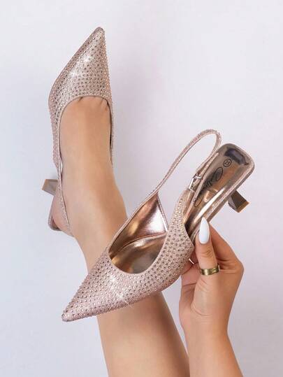 Sandalias de tacón alto con puntera puntiaguda y rhinestones, tacones de aguja huecos para mujer para fiestas, escenario, diseño de puntera francesa con rhinestones completos para el Día de San Valentín