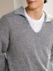 RONVEXI Suéter masculino de lã quente de cor sólida e manga comprida, moderno para outono/inverno - Cinza - Ver 2