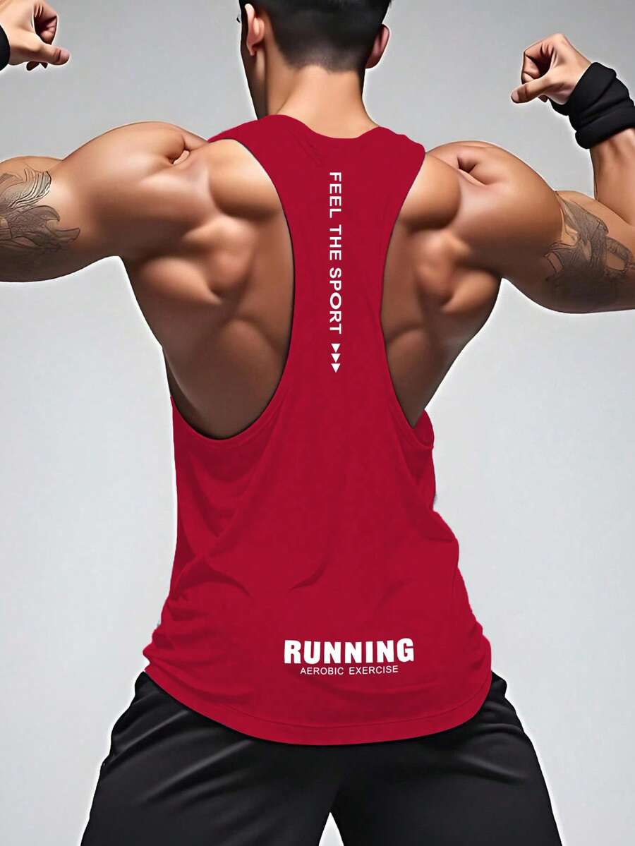 GymBeat 男士标语印花圆领休闲健身运动背心 男士红色运动上衣 跑步背心 健身上衣 男士健身背心 - 紅色 - 查看 1