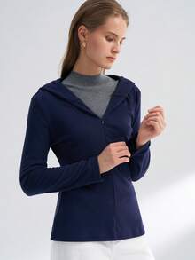 INAWLY Women's Casual Solid Color Slim Fit Half-Zip Hooded T-Shirt, Autumn - Navy Blue - View 1