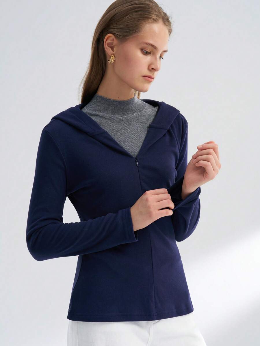 INAWLY Women's Casual Solid Color Slim Fit Half-Zip Hooded T-Shirt, Autumn - Navy Blue - View 1