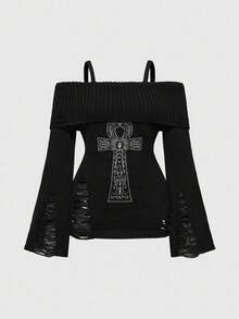 ROMWE Goth Plus Size Women Punk Distressed Ankh Cross Embroidery Off Shoulder Fitted Sweater - Black - View 4