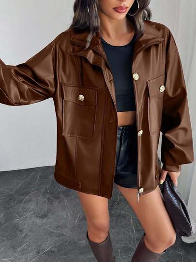 SHEIN Tall Tall Size PU Leather Stylish Hidden-Fly Detailed Women's Jacket