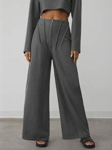 Hauture 女士性感办公室休闲高腰超宽腿筒形紧身裤 - 灰色 - 查看 2