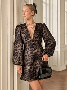 Aveloria Rosie Damska sukienka mini z nadrukiem w panterkę, dekoltem w serek i ściągaczem w talii, na imprezę, z seksownym zdobieniem na guziki, z długim rękawem typu latarnia, jesień/zima