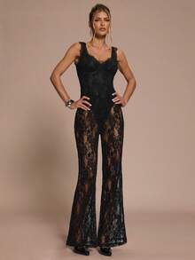 SHEIN BAE Elegante tuta nera in velluto e pizzo trasparente e sexy, adatta per cocktail festa, uscite serali, appuntamenti quotidiani, discoteche, raduni, feste, vacanze - nero - Visualizzare 5