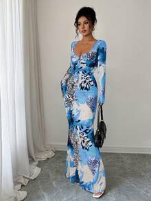 Rafferiza 优雅合身豹纹鱼尾连衣裙，正面扭纹细节，长袖 - 彩色 - 查看 4