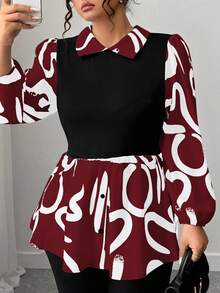 Elenzga Plus Size Women's Fashion Casual Contrast Color Print Long Sleeve Shirt - Red - View 3