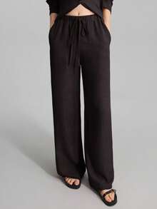 Traje casual de primavera/verano 2026 para mujer, compuesto por camisa de manga larga de un solo pecho con bolsillo y pantalones de pierna ancha, estilo vintage, adecuado - Negro 2 - Ver 3
