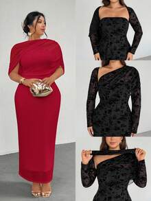 Firerie 大码优雅浪漫褶饰不对称腰部修身网眼连衣裙，舒适休闲春夏新款 - 酒紅色 - 查看 13