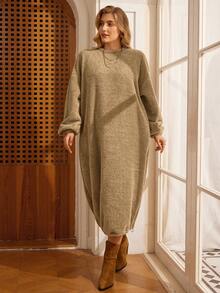 Rosumi Lässiges, einfarbiges Große Größen-Kleid mit Drop Shoulder und lockerer Passform, Herbst-/Winterkleidung für Damen, gemütliche Herbst- und Winterkleidung für Damen, Silvesterkleidung, braunes Kleid - Braun - Übersicht 6