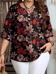 EMERY ROSE Plus Size Women Casual Leaf Print 3/4 Sleeve Shirt, Suitable For Summer - Multicolor - View 1