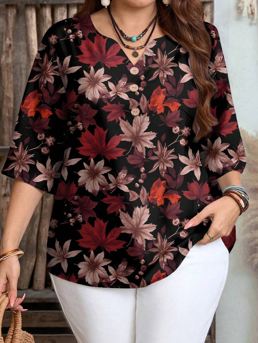 EMERY ROSE Plus Size Women Casual Leaf Print 3/4 Sleeve Shirt, Suitable For Summer - Multicolor - View 1