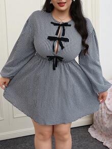 CovetEZ 大码黑白格子泡泡袖蝴蝶结领娃娃裙 - 黑與白 - 查看 6