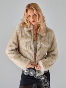 TRNVIE 1pc Women's Jacket, Apricot Color Contrast Faux Fur Zipper Pockets Waist Cinched Casual Outdoor Winter Coat - Apricot - View 4