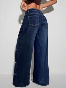 SHEIN ICON 女式低腰口袋水钻装饰宽腿宽松休闲牛仔裤 - 深色水洗藍 - 查看 2