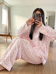 DAZY 2件套女士碎花宽松舒适长袖睡衣套装，冬季服装 - 粉色 - 查看 4