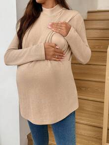 SHEIN 休闲简约高领长袖哺乳上衣 - 卡其色 - 查看 7