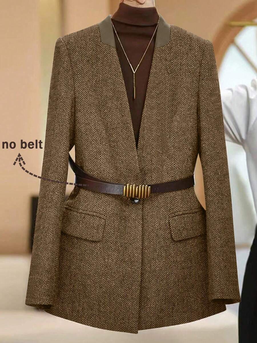 Franclia Áo khoác Blazer tay dài màu cà phê thanh lịch tối giản đa năng - Màu Khaki - Xem 1