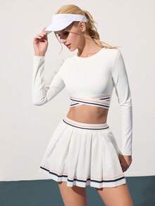 CourtClass Women's Striped Crossover Hem Long Sleeve Top And Pleated Tennis Skirt Set Women Tennis Skirt Set